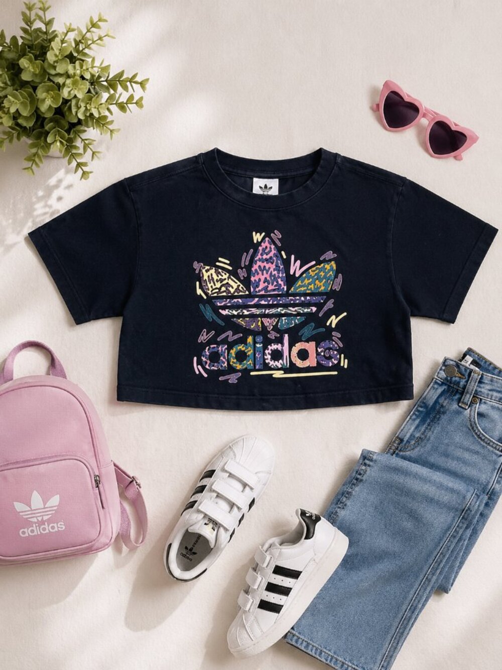 Adidas Cropped Graphic Tee Black Trefoil Logo Y2K Streetwear S - Picture 1 of 7
